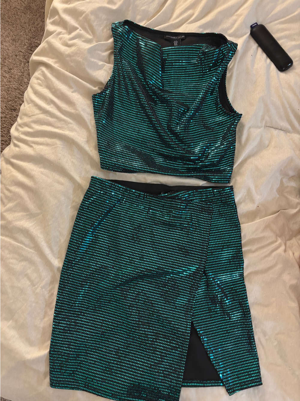 Sincerly Jules Teal Sequin Two-Piece Skirt Set